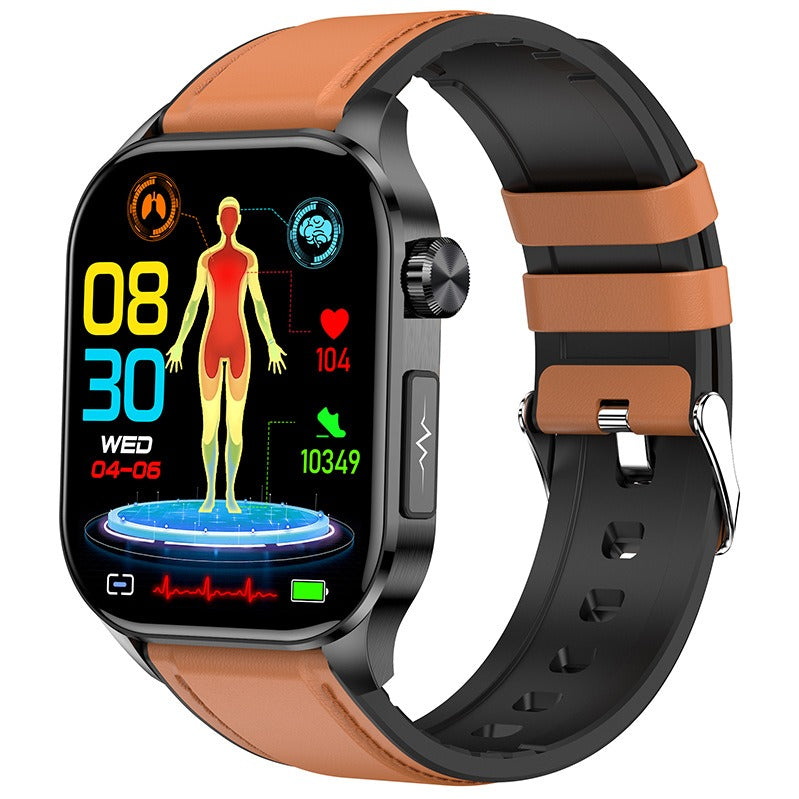 Smart Watch ECG Monitoring Blood Pressure Body Temperature Waterproof and Fitness Tracker - Brown Leather-Gailik