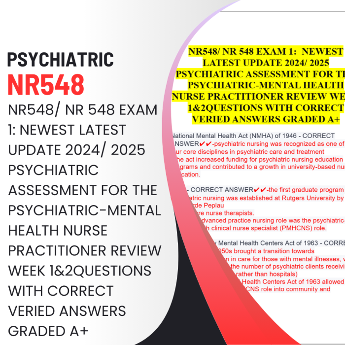 Nr548/ Nr 548 Exam 1: Newest Latest Update 2024/ 2025 Psychiatric Assessment For The Psychiatric-mental Health Nurse Practitioner Review Week 1&2questions With Correct Veried Answers Graded A+-Pass Test Bank