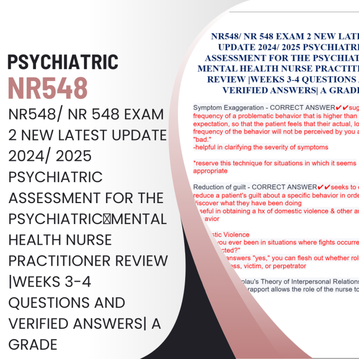 Nr548/ Nr 548 Exam 2 New Latest Update 2024/ 2025 Psychiatric Assessment For The Psychiatricmental Health Nurse Practitioner Review |weeks 3-4 Questions And Verified Answers| A GRADE-Pass Test Bank