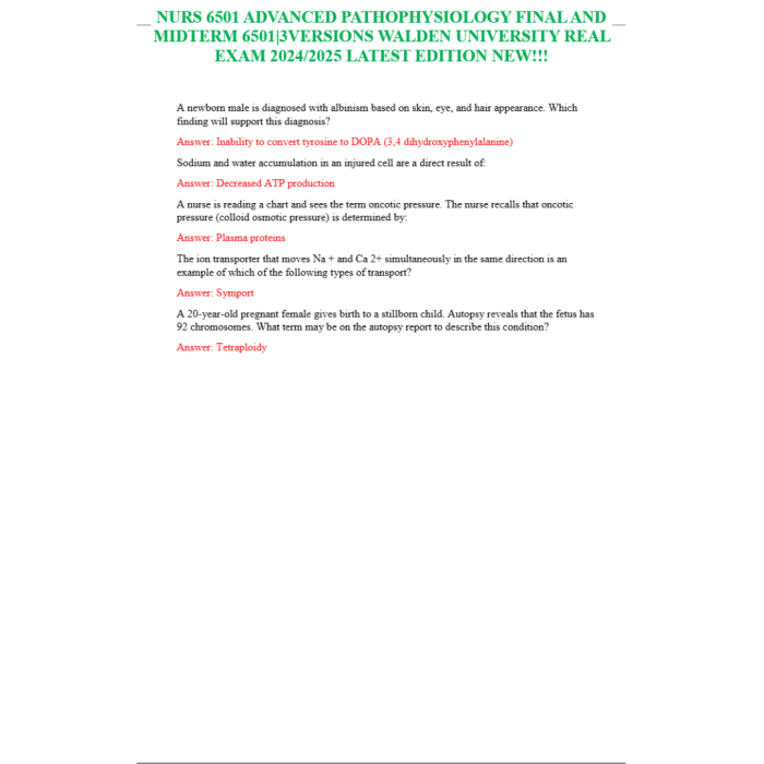 Nurs 6501 Advanced Pathophysiology Final And Midterm 6501|3versions Walden University Real Exam 2024/2025 Latest Edition New!!!-Pass Test Bank