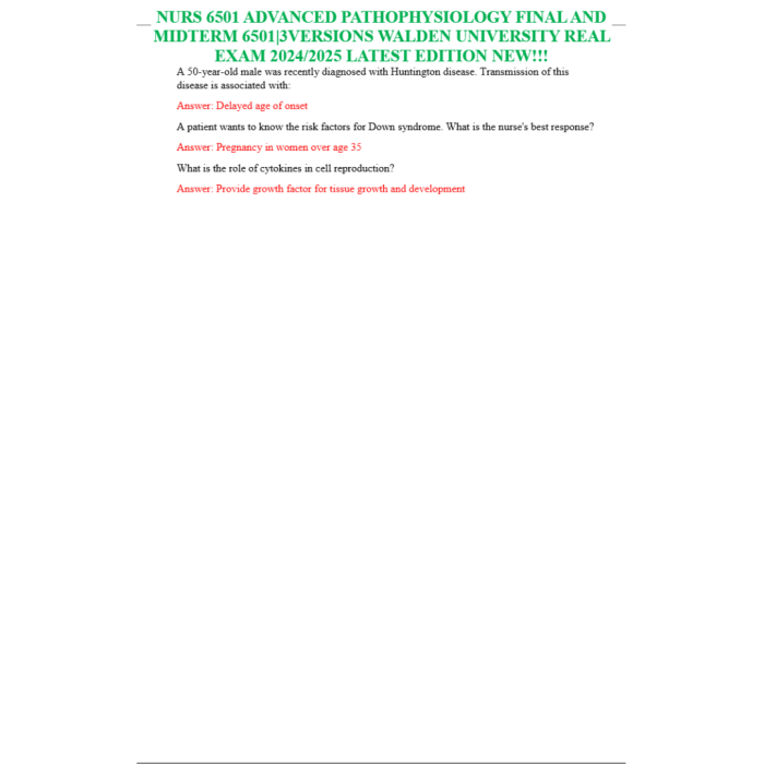 Nurs 6501 Advanced Pathophysiology Final And Midterm 6501|3versions Walden University Real Exam 2024/2025 Latest Edition New!!!-Pass Test Bank
