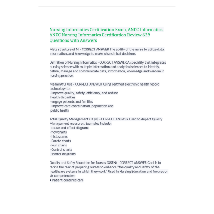 Nursing Informatics Certification Exam, ANCC Informatics, ANCC Nursing Informatics Certification Review 629 Questions with Answers-Pass Test Bank