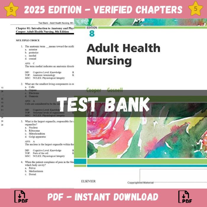 Test Bank – Adult Health Nursing, 8th edition (Cooper, 2019)-Pass Test Bank