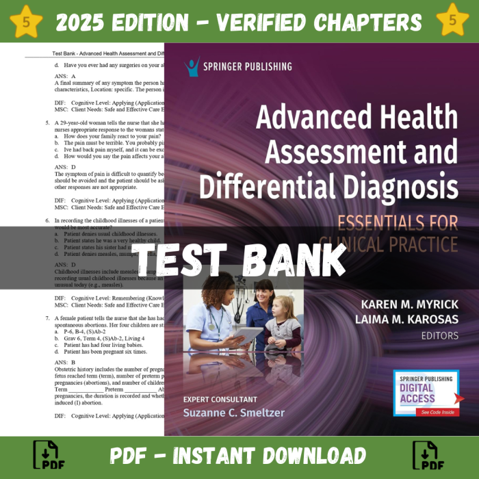 Test Bank – Advanced Health Assessment and Differential Diagnosis Essentials for Clinical Practice 1st Edition (Myrick, 2024)-Pass Test Bank