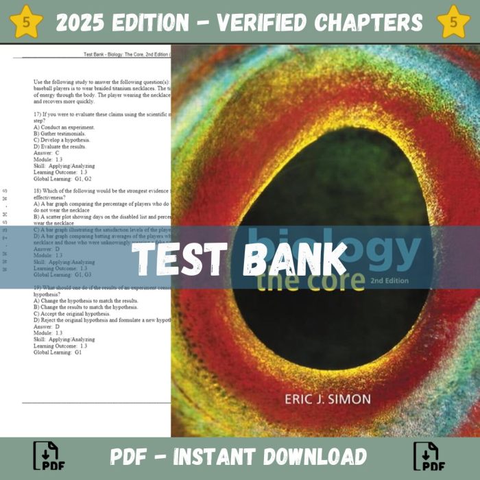 Test Bank – Biology The Core, 2nd Edition (Simon, 2017)-Pass Test Bank