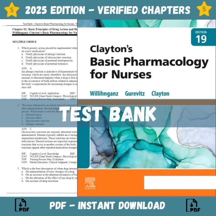Test Bank – Clayton’s Basic Pharmacology for Nurses, 19th edition (Willihnganz, 2023)-Pass Test Bank