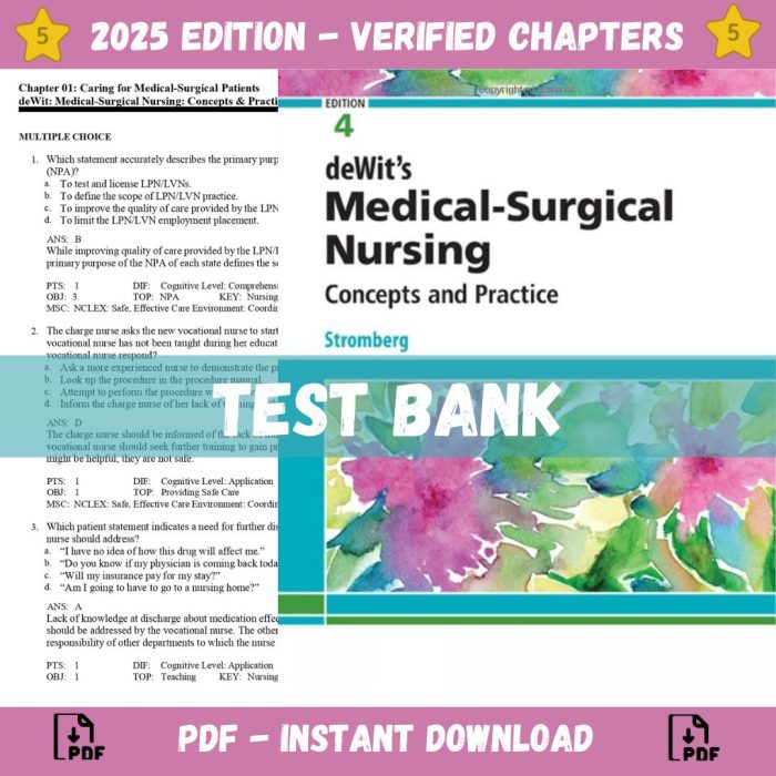 Test Bank – DeWits Medical Surgical Nursing Concepts and Practice, 4th edition (Stromberg, 2021)-Pass Test Bank