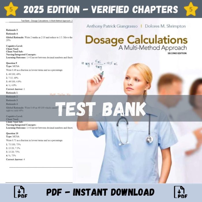 Test Bank – Dosage Calculations A Multi-Method Approach, 2nd edition (Giangrasso, 2018)-Pass Test Bank