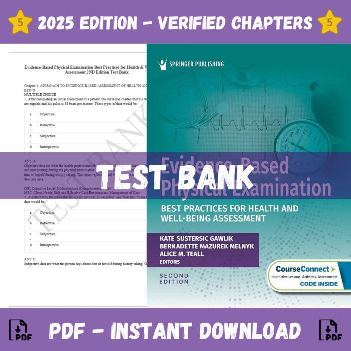 Test Bank – Evidence-Based Physical Examination Best Practices for Health & Well-Being Assessment, 2nd Edition (Kate Gawlik ,2024)-Pass Test Bank