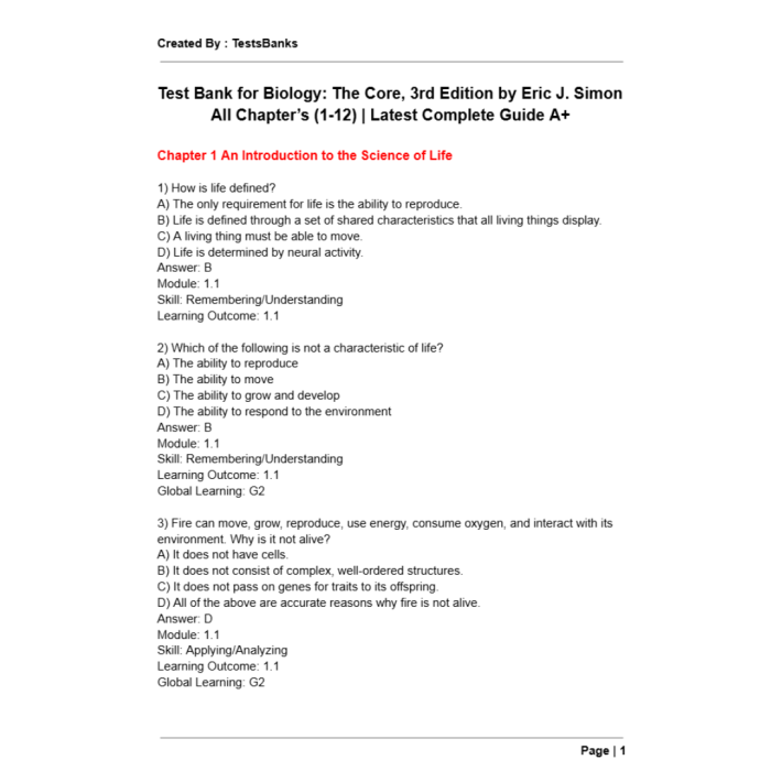 Test Bank For Biology The Core 3rd Edition by Simon-Pass Test Bank