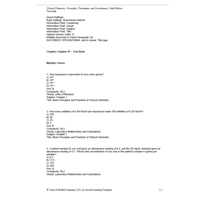 Test Bank For Clinical Chemistry Principles Techniques and Correlations 9th Edition By Bishop-Pass Test Bank