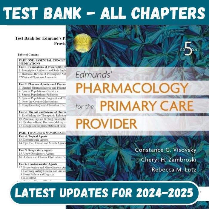 Test Bank For Edmunds’ Pharmacology for the Primary Care Provider, 5th Edition by Constance G Visovsky-Pass Test Bank