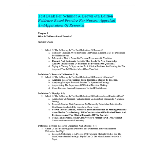 Test Bank For Evidence-Based Practice for Nurses- Appraisal and Application of Research 6th Edition By Schmidt Brown-Pass Test Bank