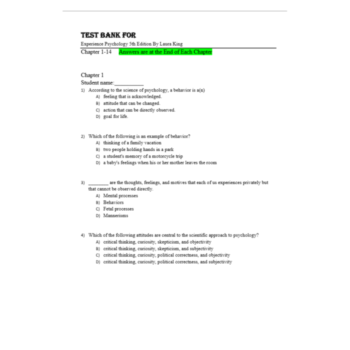 Test Bank For Experience Psychology 5th Edition By King PassTestBank 2