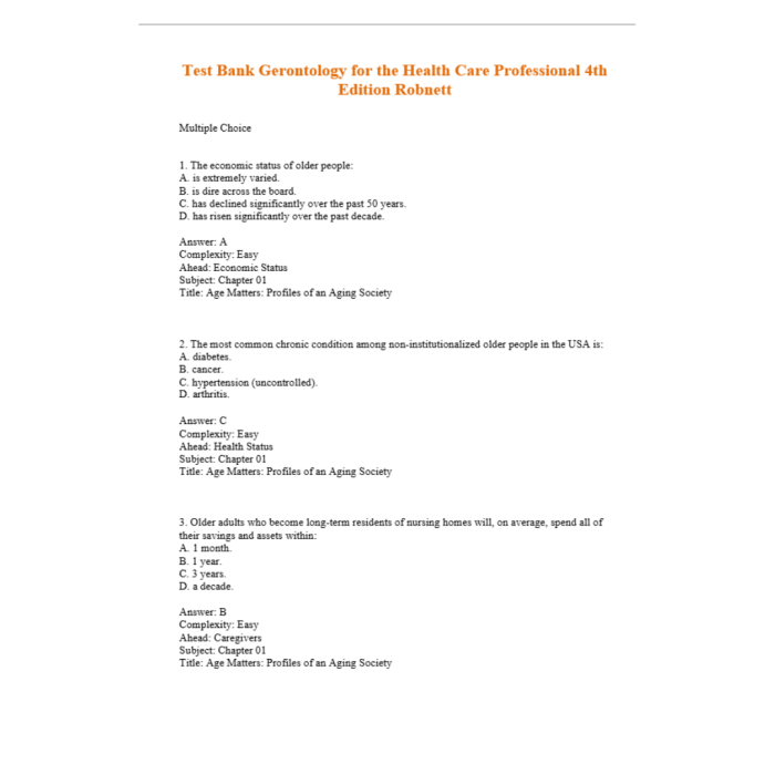 Test Bank For Gerontology for the Health Care Professional 4th Edition By Robnett-Pass Test Bank