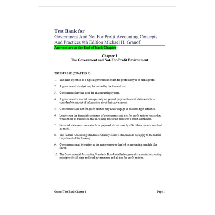 Test Bank For Government and Not-for-Profit Accounting 9th Edition By Granof-Pass Test Bank