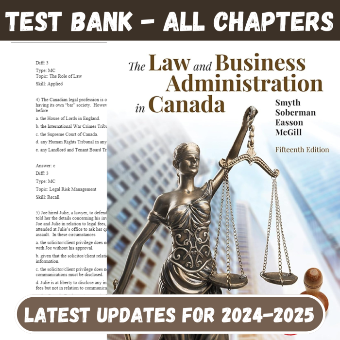Test Bank For Law and Business Administration in Canada, The, 15th Edition by J E. Smyth, Dan Soberman-Pass Test Bank