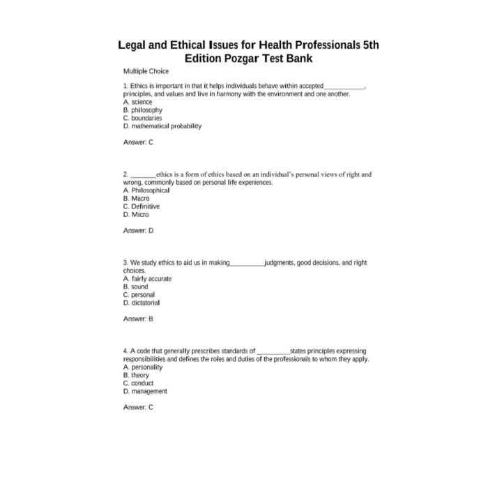 Test Bank For Legal and Ethical Issues for Health Professionals 5th Edition By Pozgar-Pass Test Bank