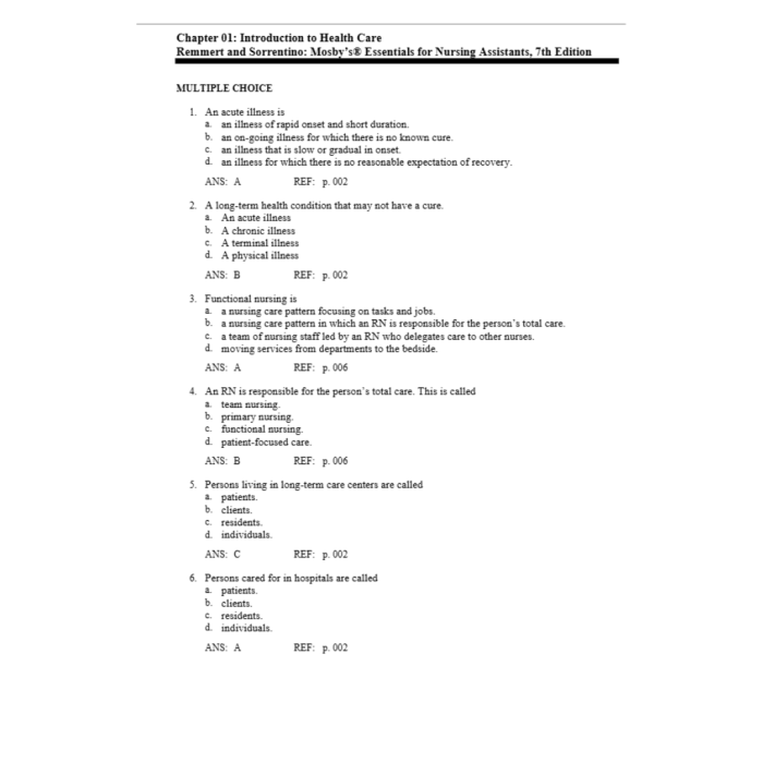 Test Bank For Mosby’s Essentials for Nursing Assistants 7th Edition By Remmert-Pass Test Bank