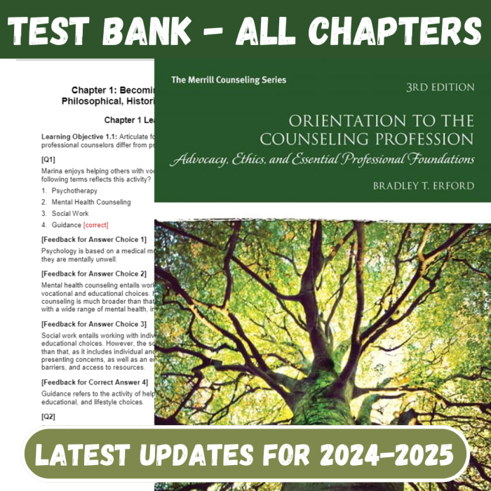 Test Bank For Orientation to the Counseling Profession Advocacy, Ethics, and Essential Professional Foundations, 4th Edition by Bradley T. Erford-Pass Test Bank