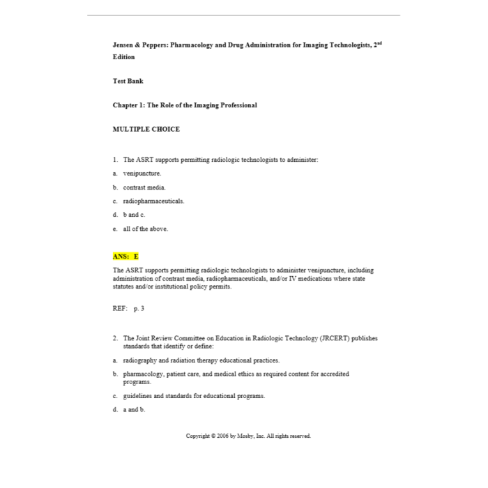 Test Bank For Pharmacology and Drug Administration for Imaging Technologists 2nd Edition By Jensen-Pass Test Bank