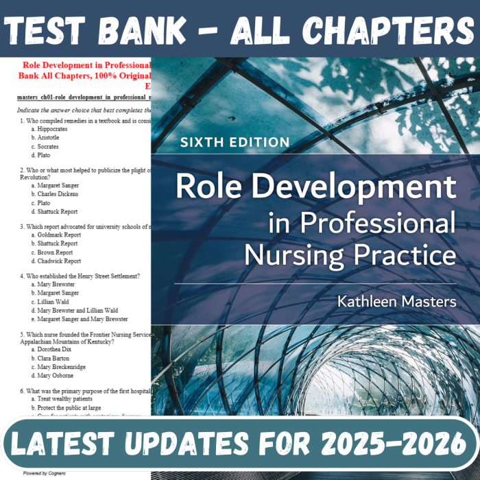 Test Bank For Role Development in Professional Nursing Practice 6th Edition By Masters-Pass Test Bank