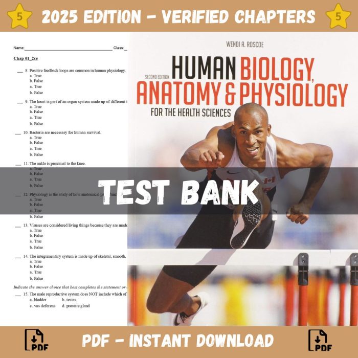 Test Bank – Human Biology, Anatomy and Physiology for the Health Sciences, 2nd Edition (Roscoe, 2020)-Pass Test Bank