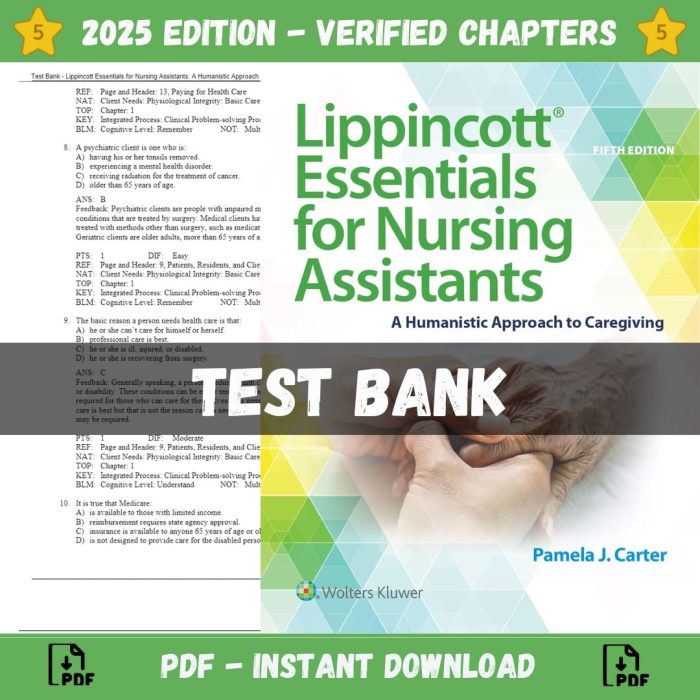 Test Bank – Lippincott Essentials for Nursing Assistants A Humanistic Approach to Caregiving, 5th Edition (Carter, 2021)-Pass Test Bank