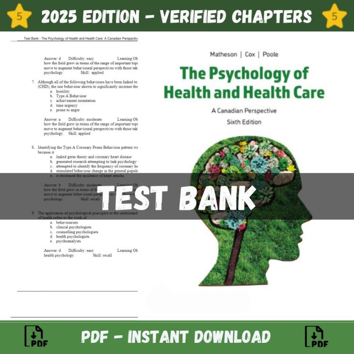 Test Bank – The Psychology of Health and Health Care A Canadian Perspective, 6th Edition (Matheson, 2023)-Pass Test Bank