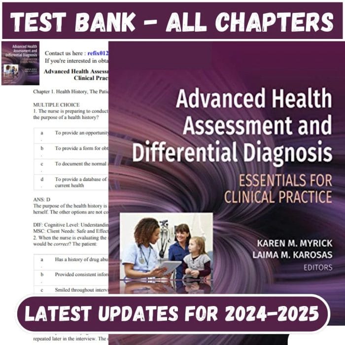 Test Bank for Advanced Health Assessment and Differential Diagnosis Essentials 1st Edition by Myrick-Pass Test Bank