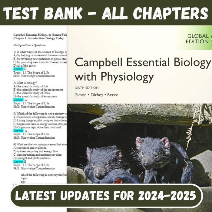 Test Bank for Campbell Essential Biology with Physiology, 6th Edition by Eric Simon latest Edition 2024-Pass Test Bank