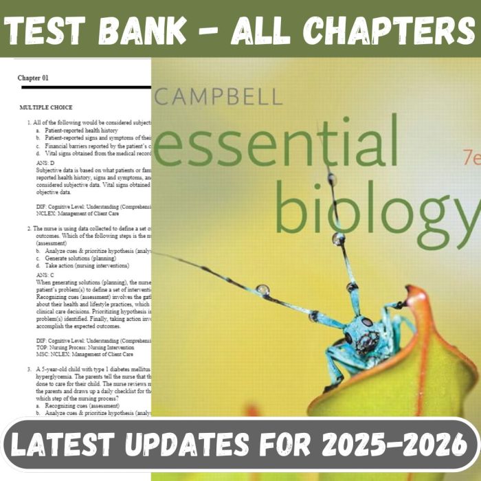 Test Bank for Campbell Essential Biology with Physiology Chapters, 7th Edition by Simon-Pass Test Bank