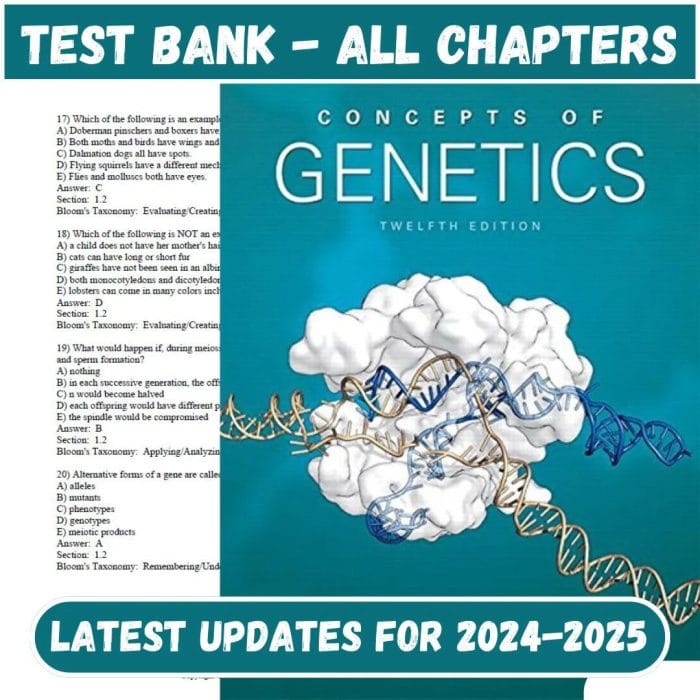 Test Bank for Concepts of Genetics, 12th Edition by Klug-Pass Test Bank