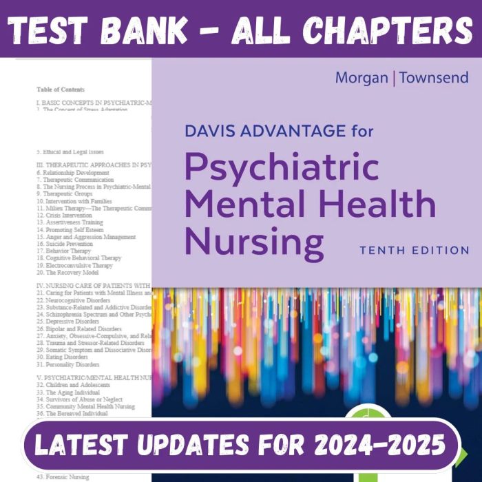 Test Bank for Davis Advantage for Psychiatric Mental Health Nursing 10th Edition by Karyn I. Morgan and Mary C. Townsend-Pass Test Bank