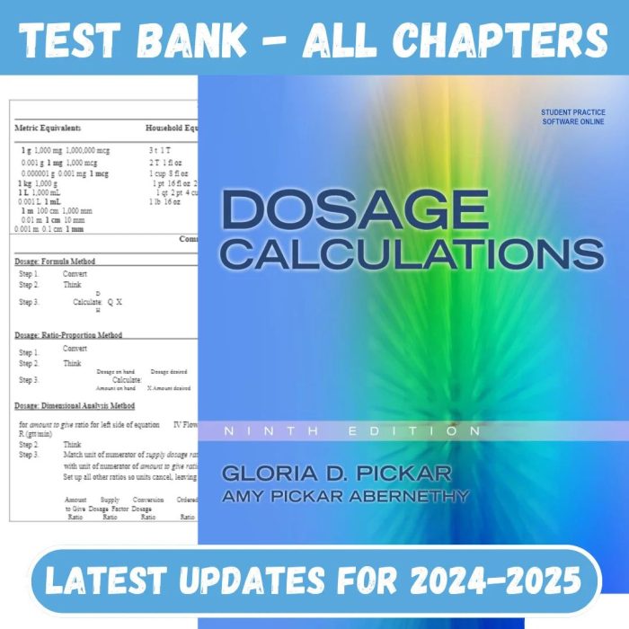 Test Bank for Dosage Calculations 9th Edition by Pickar-Pass Test Bank