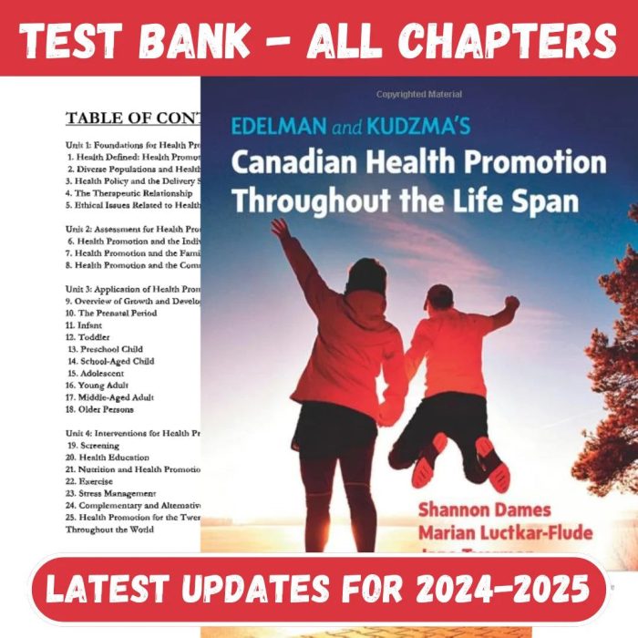 Test Bank for Edelman and Kudzma’s Canadian Health Promotion Throughout the Life Span 1st Edition by Shannon Dames-Pass Test Bank