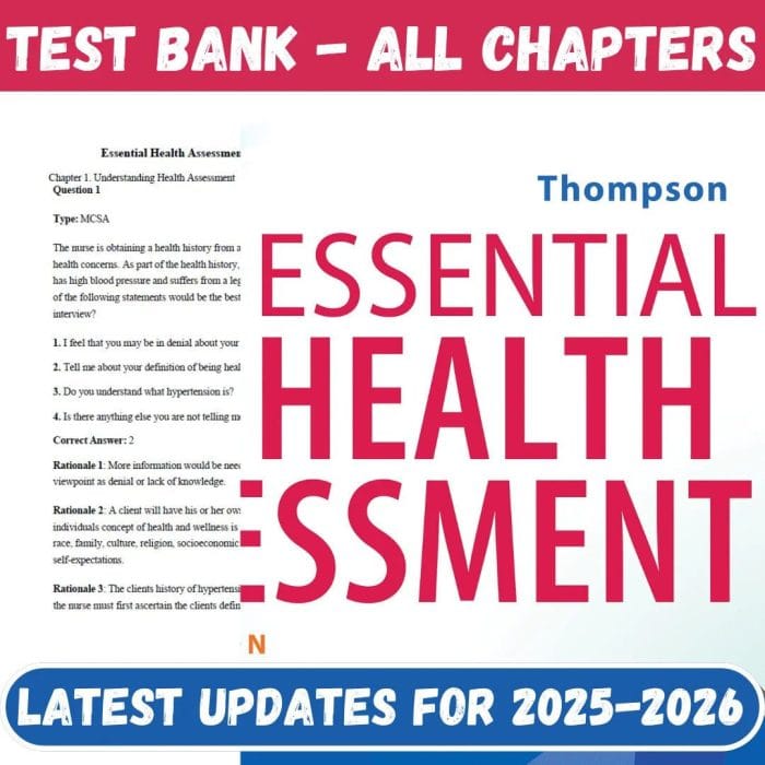 Test Bank for Essential Health Assessment 2nd Edition by Thompson-Pass Test Bank