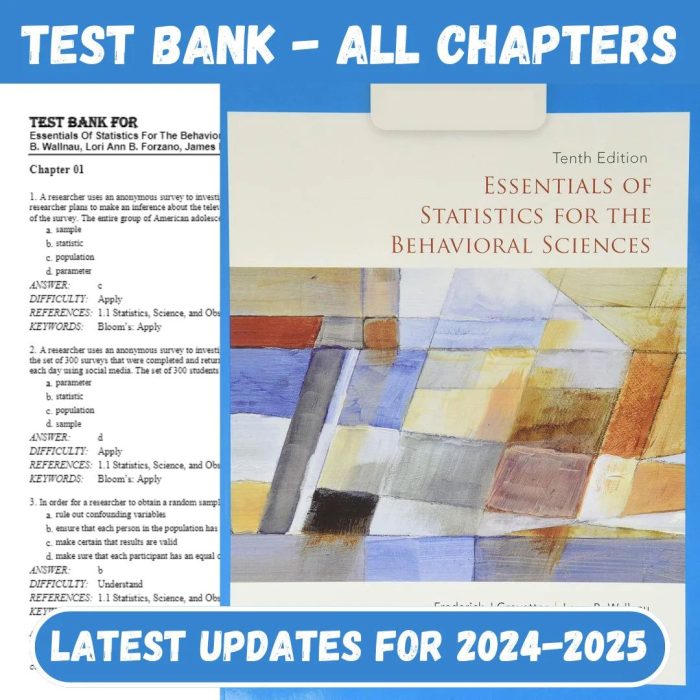 Test Bank for Essentials of Statistics for the Behavioral Sciences 10th Edition by Gravetter-Pass Test Bank