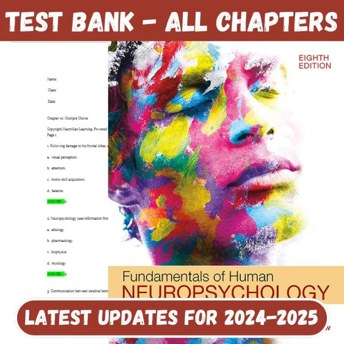 Test Bank for Fundamentals of Human Neuropsychology 8th Edition by Bryan Kolb, Ian Whishaw-Pass Test Bank