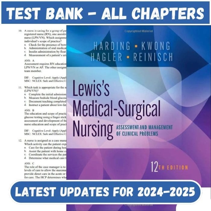 Test Bank for Lewiss Medical Surgical Nursing 12th Edition by Harding-Pass Test Bank