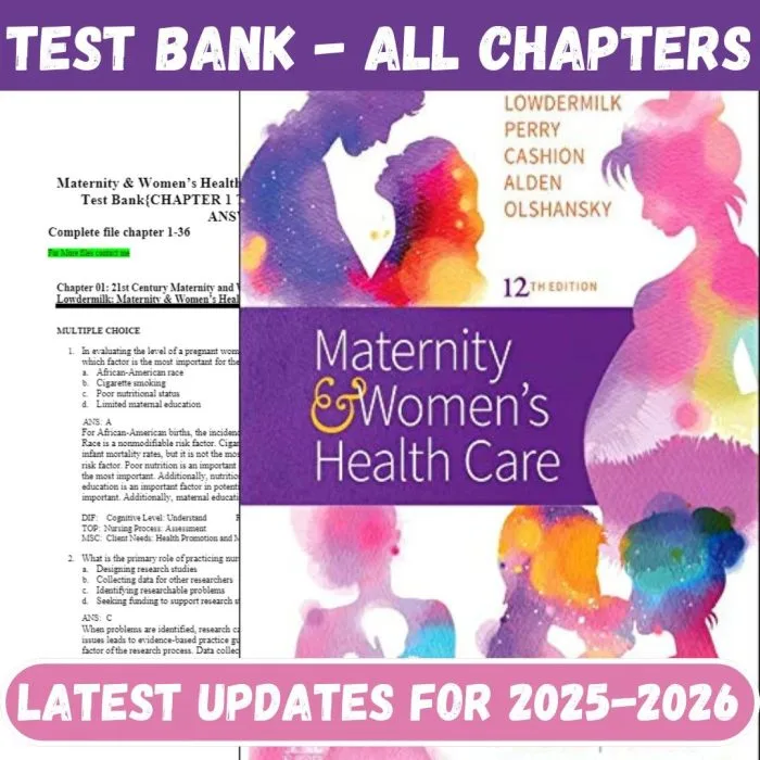 Test Bank for Maternity and Women's Health Care 12th Edition (Lowdermilk, 2020)-Pass Test Bank