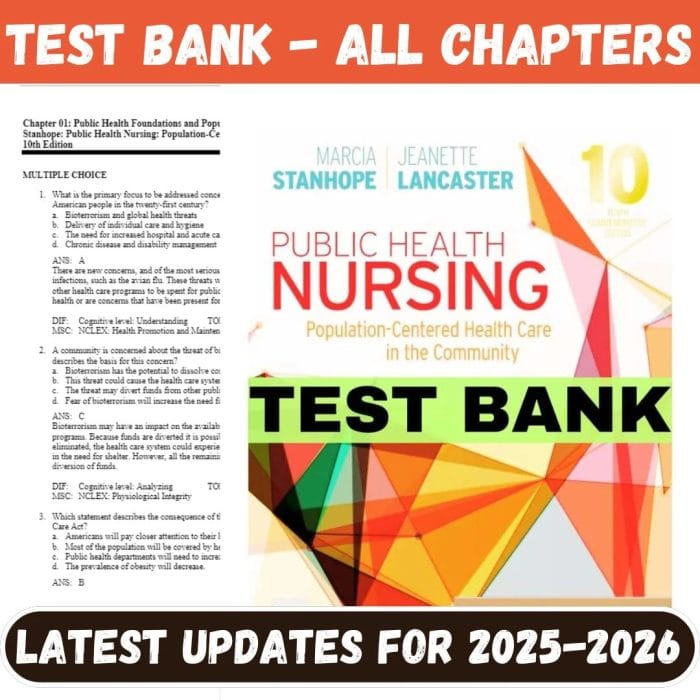 Test Bank for Public Health Nursing Population-Centered Health Care in the Community 10th Edition by Marcia Stanhope-Pass Test Bank