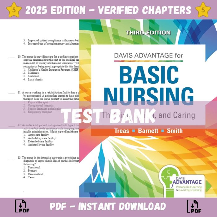 Test bank – Davis Advantage Basic Nursing Thinking, Doing, and Caring 3rd Edition (Treas, 2021)-Pass Test Bank