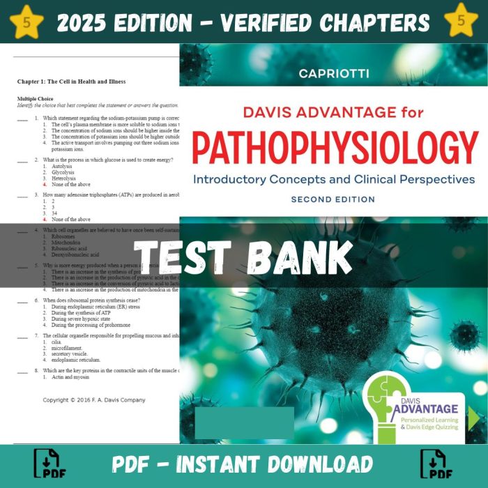 Test bank – Davis Advantage for Pathophysiology Introductory Concepts and Clinical Perspectives, 2nd Edition (Theresa M Capriotti, 2021)-Pass Test Bank