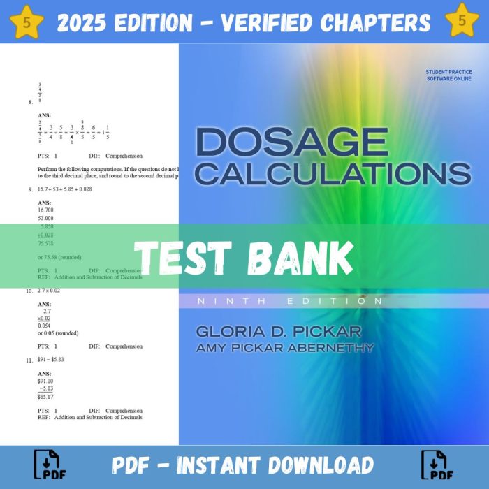 Test bank – Dosage Calculations 9th Edition (Gloria D. Pickar, 2012)-Pass Test Bank