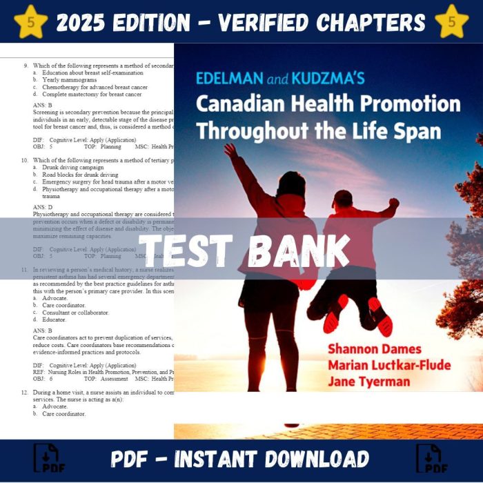 Test bank – Edelman and Kudzma’s Canadian Health Promotion Throughout the Life Span, 1st edition (Dames, 2021)-Pass Test Bank