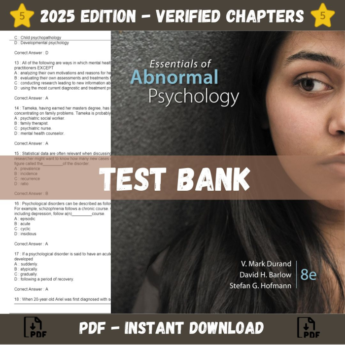 Test bank – Essentials of Abnormal Psychology 8th Edition (V. Durand, 2018)-Pass Test Bank