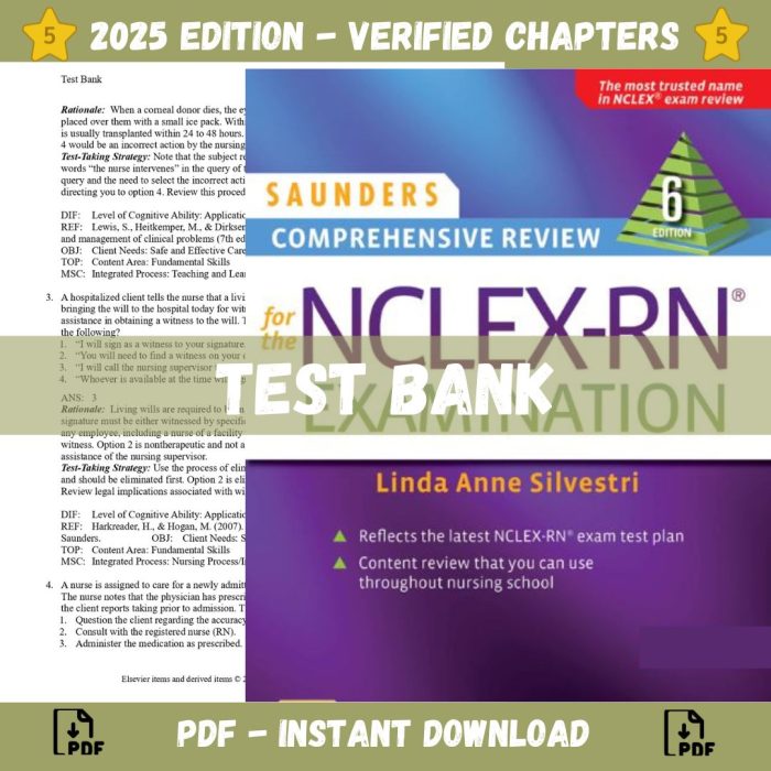 Test bank – Saunders Comprehensive Review for the NCLEX-PN Examination, 6th Edition (Silvestri, 2022)-Pass Test Bank